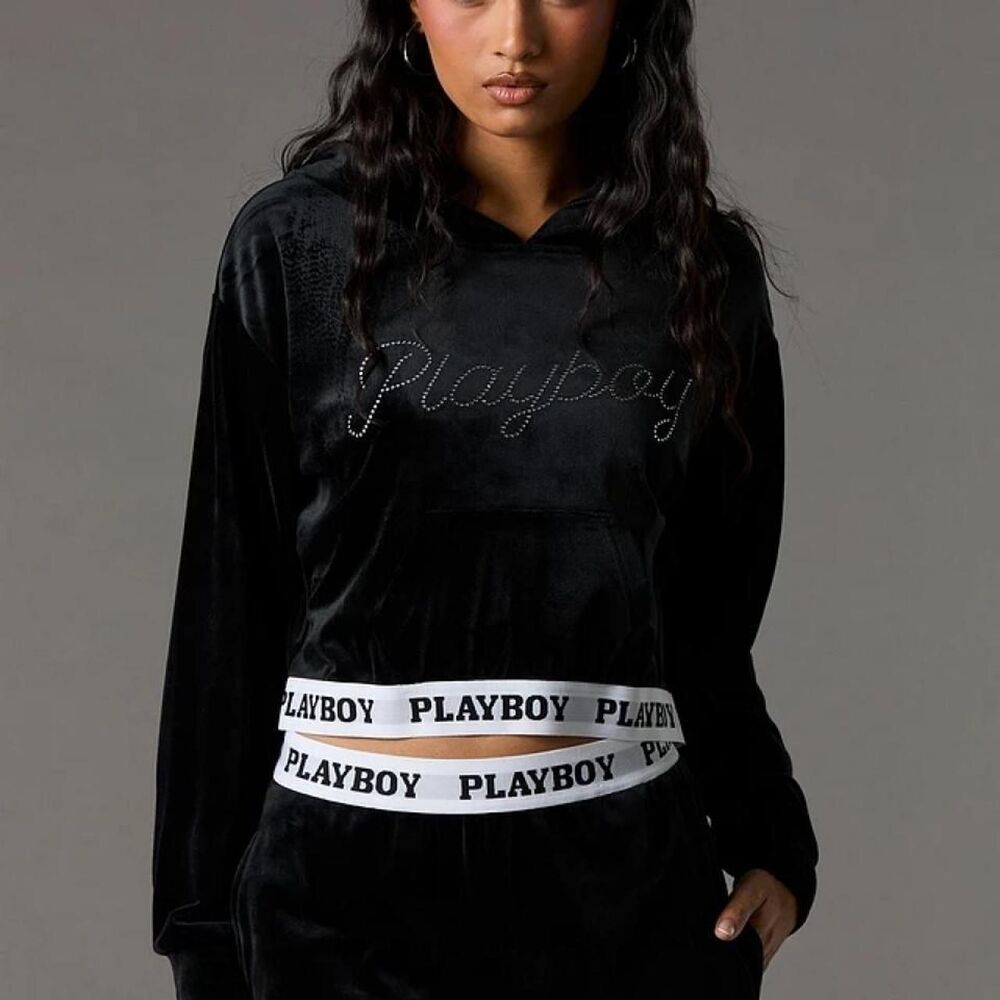 PLAYBOY NEW Black velour cropped hoodie Y2K McBling size XL